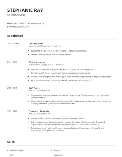 Dentist/Owner Resume