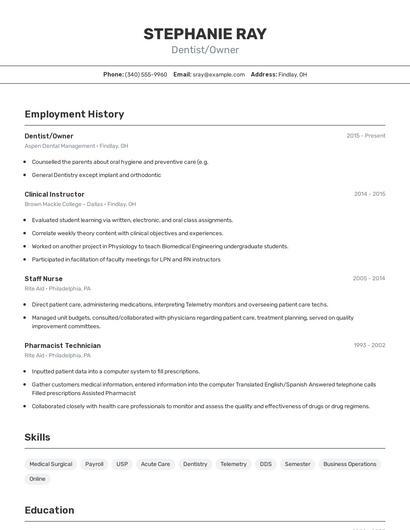 Dentist/Owner Resume