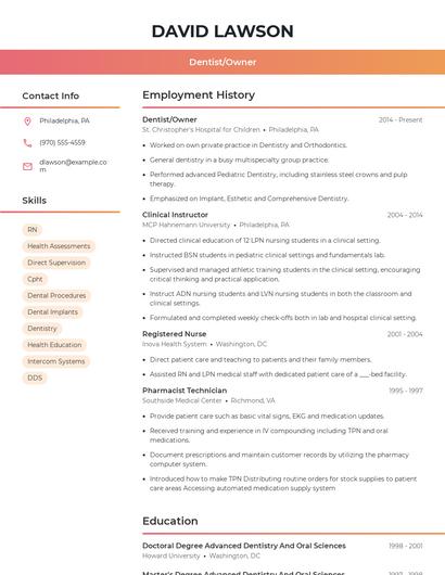 Dentist/Owner Resume