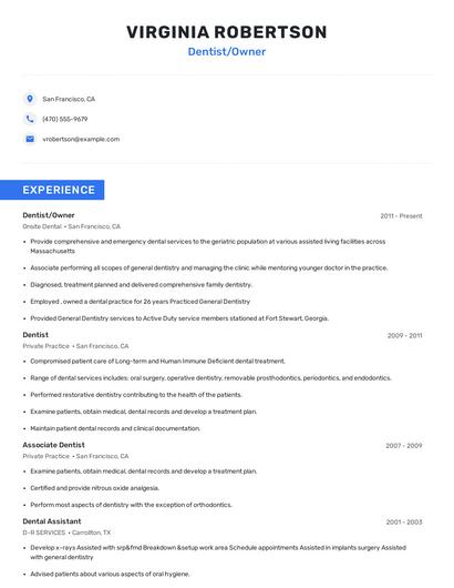 Dentist/Owner Resume