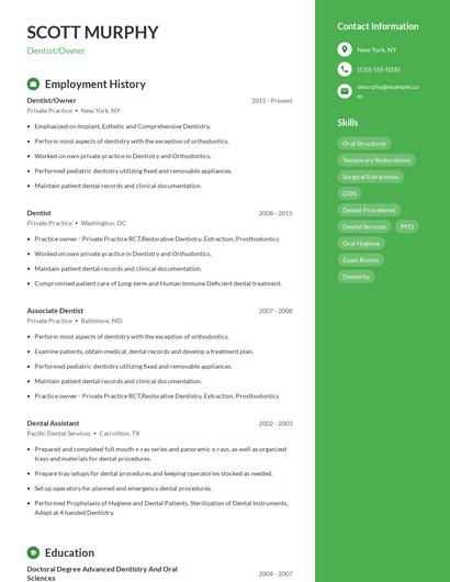 Dentist/Owner Resume