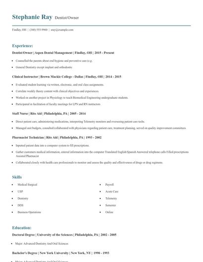 Dentist/Owner Resume