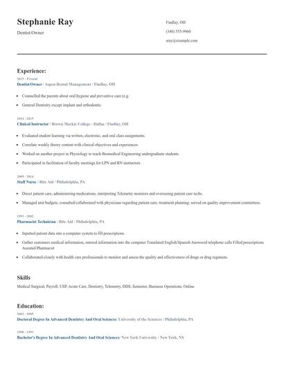 Dentist/Owner Resume