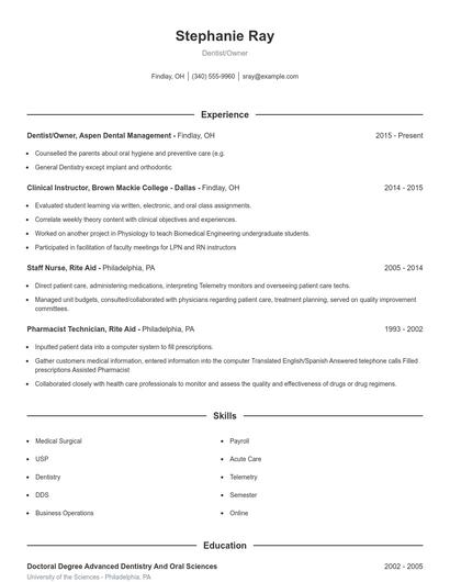 Dentist/Owner Resume