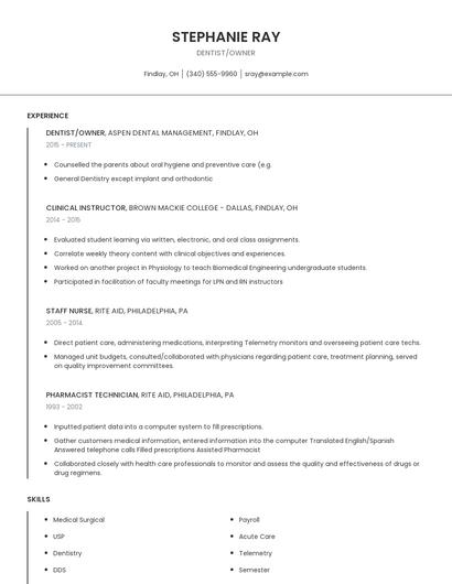 Dentist/Owner Resume