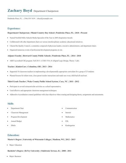 Department Chairperson Resume