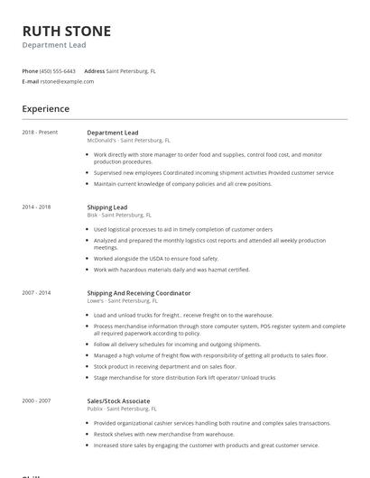Department Lead Resume