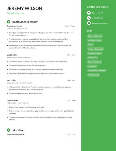Department Lead Resume