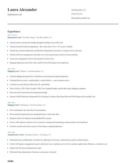 Department Lead Resume
