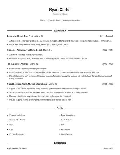 Department Lead Resume