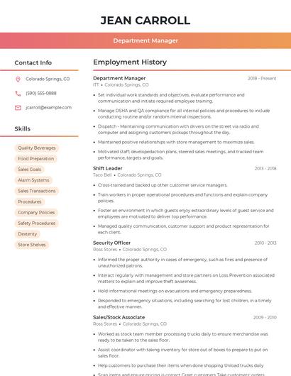 Department Manager Resume