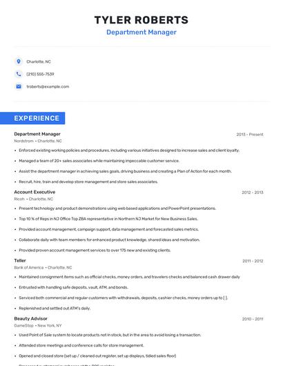 Department Manager Resume