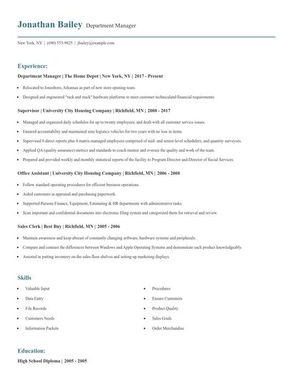 Department Manager Resume
