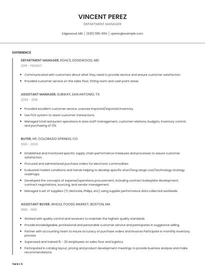 Department Manager Resume