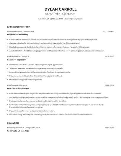 Department Secretary Resume