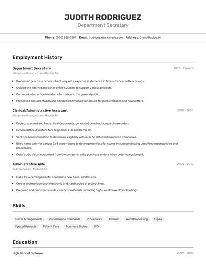 Department Secretary Resume