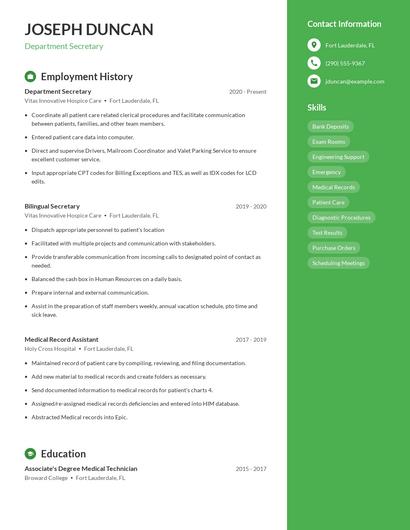 Department Secretary Resume
