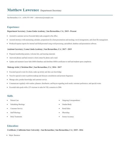Department Secretary Resume