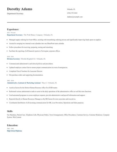 Department Secretary Resume
