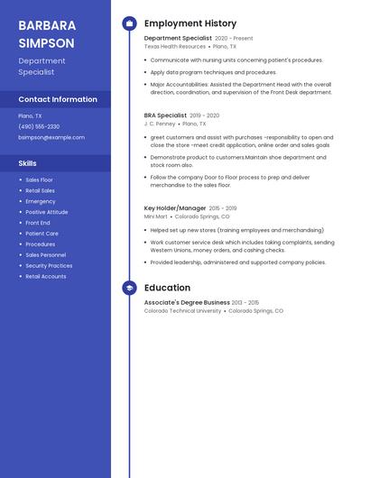 Department Specialist Resume