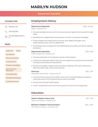 Department Specialist Resume