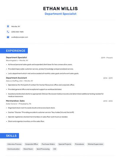 Department Specialist Resume