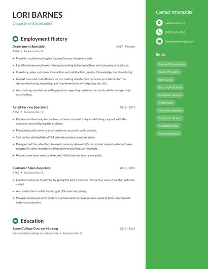 Department Specialist Resume