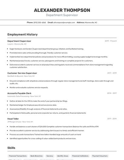 Department Supervisor Resume