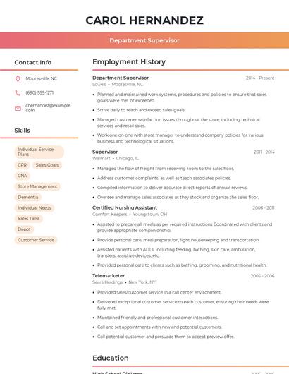 Department Supervisor Resume