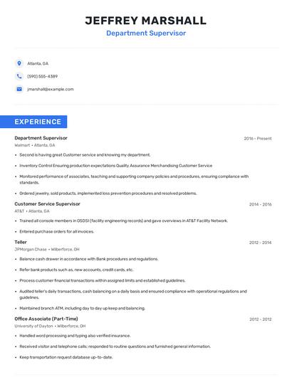 Department Supervisor Resume