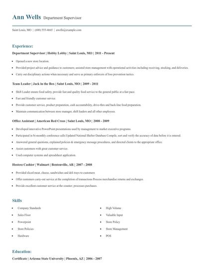 Department Supervisor Resume
