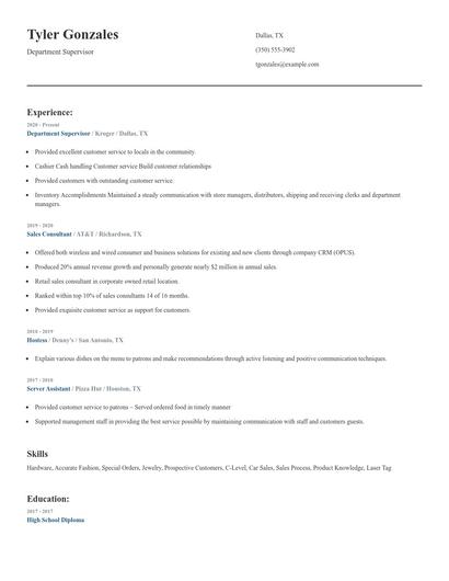Department Supervisor Resume