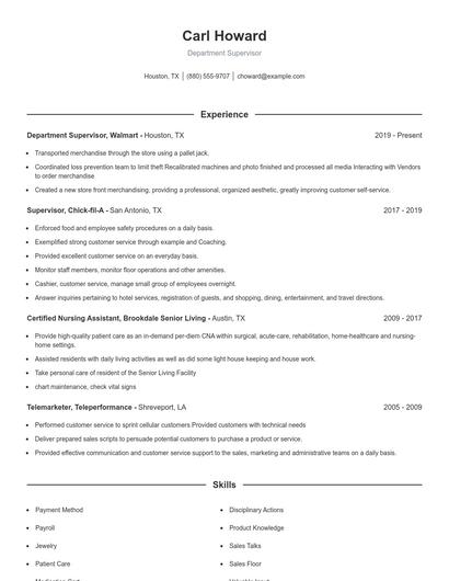Department Supervisor Resume