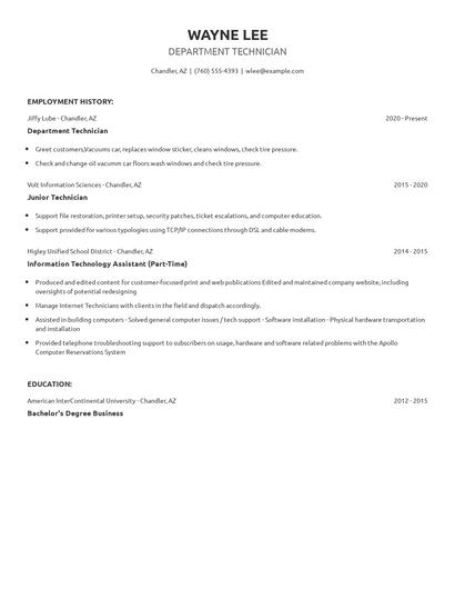 Department Technician Resume