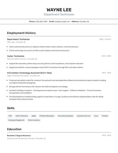 Department Technician Resume