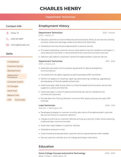 Department Technician Resume