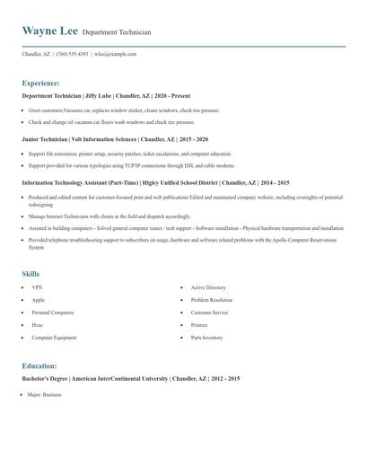 Department Technician Resume