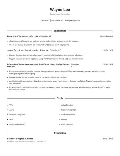 Department Technician Resume