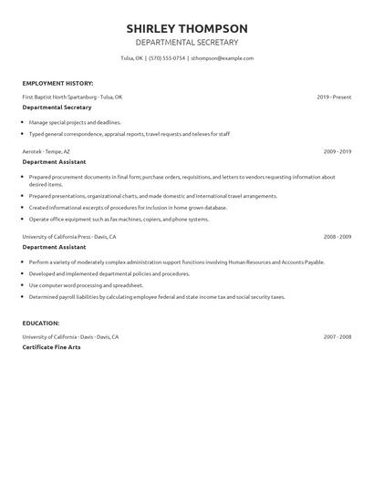 Departmental Secretary Resume