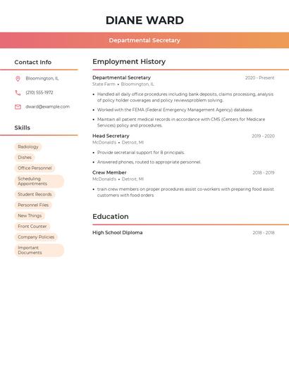 Departmental Secretary Resume