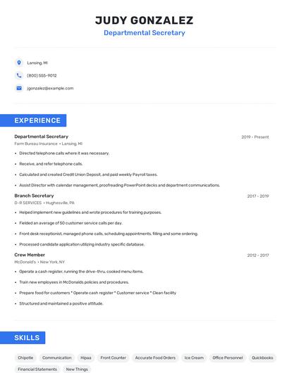 Departmental Secretary Resume
