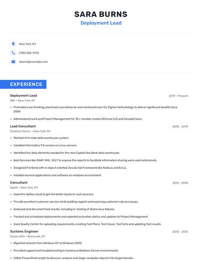 Deployment Lead Resume