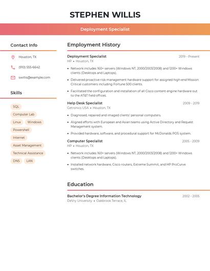 Deployment Specialist Resume