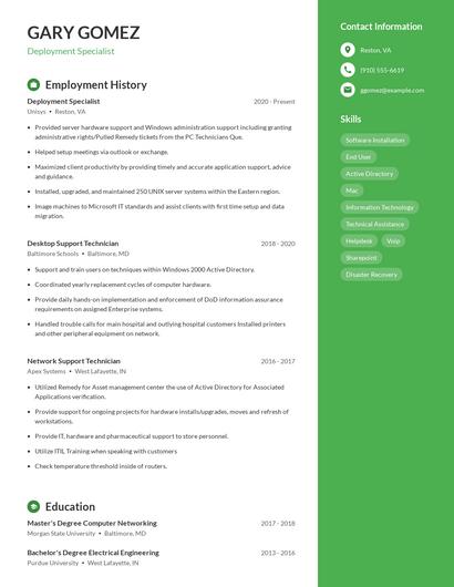 Deployment Specialist Resume