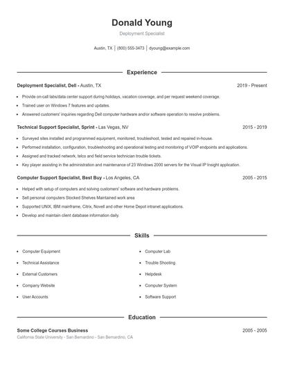 Deployment Specialist Resume