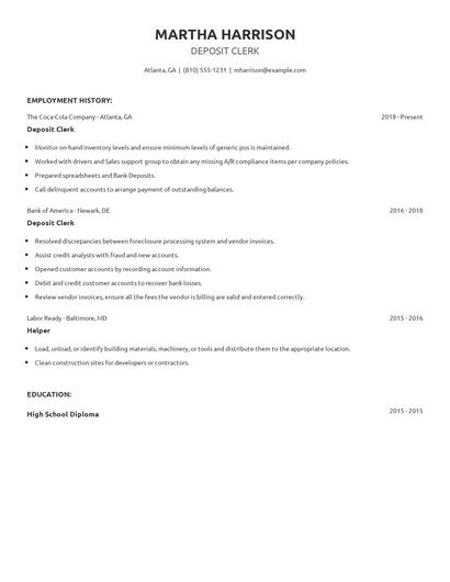 Deposit Clerk Resume