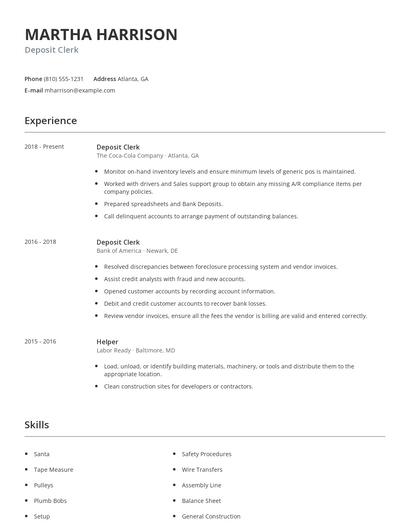 Deposit Clerk Resume