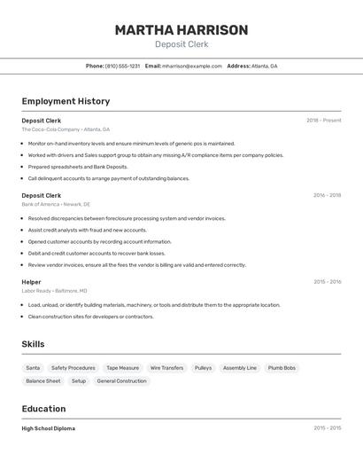 Deposit Clerk Resume