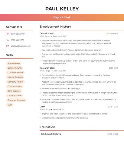 Deposit Clerk Resume
