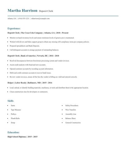 Deposit Clerk Resume